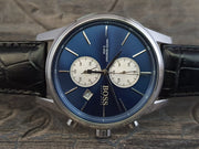 Hugo Boss Jet Chronograph Blue Dial Black Leather Strap Watch for Men - 1513283
