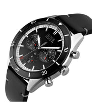 Hugo Boss Globetrotter Chronograph Black Dial Black Leather Strap Watch for Men - 1513864
