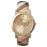 Burberry The City Gold Dial Haymarket Brown Leather Strap Watch for Women - BU9026