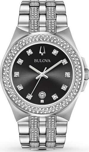 Bulova Crystal Collection Black Dial Silver Steel Strap Watch for Men - 96K102