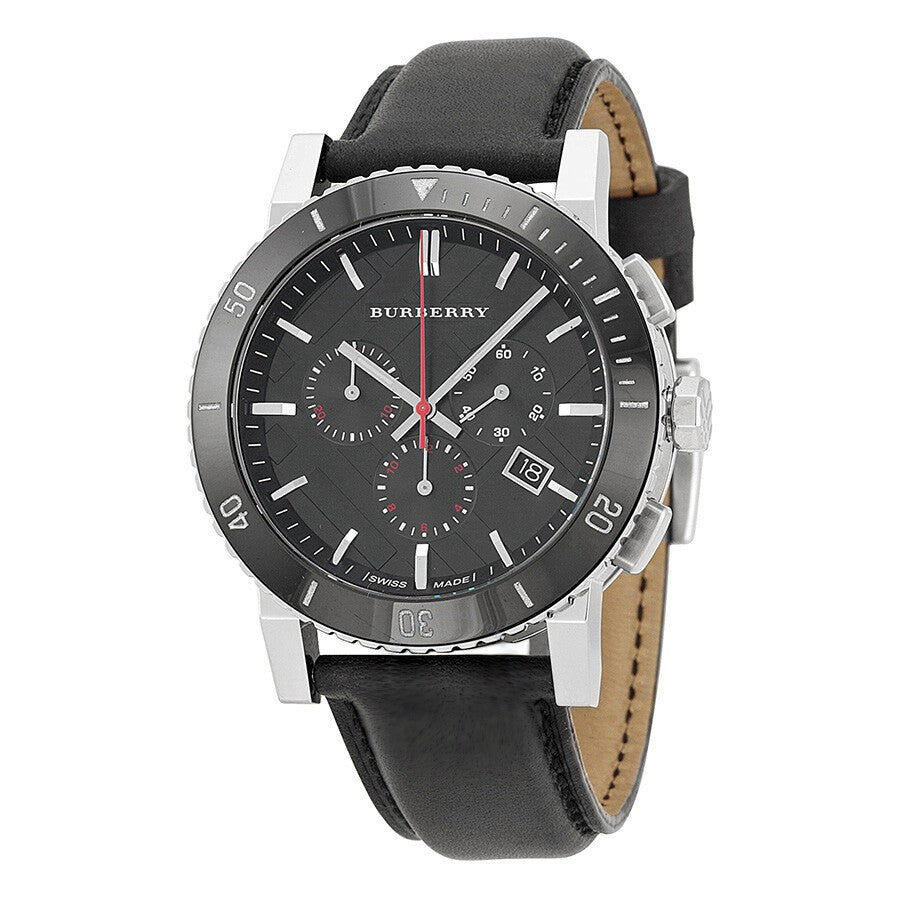 Burberry The City Black Dial Black Leather Strap Watch for Men