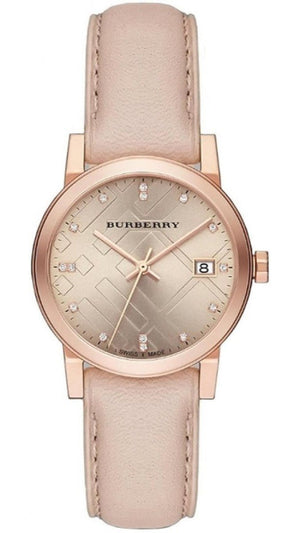 Burberry The City Diamonds Gold Dial Beige Leather Strap Watch for Women - BU9131