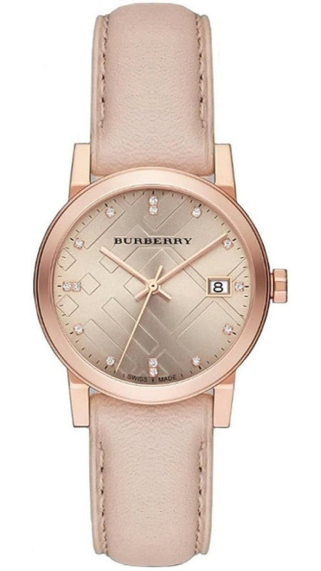 Burberry The City Diamonds Gold Dial Beige Leather Strap Watch for Women - BU9131