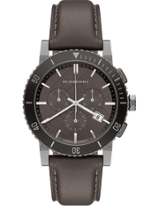 Burberry The City Chronograph Ion Plated Grey Dial Grey Leather Strap Watch for Men - BU9384