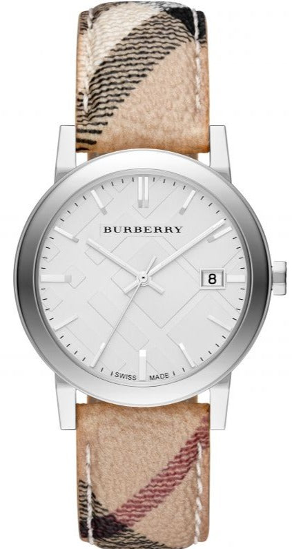 Burberry The City Nova Silver Dial White Leather Strap Watch for Women