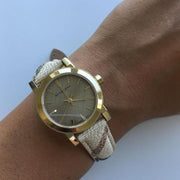 Burberry The City Gold Dial Haymarket Brown Leather Strap Watch for Women - BU9219