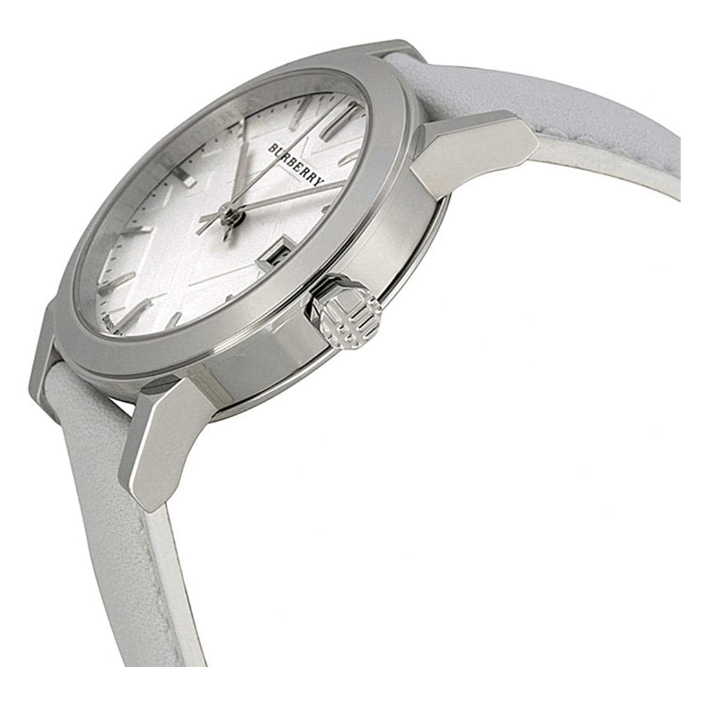 Burberry The City Silver Dial White Leather Strap Watch for Women