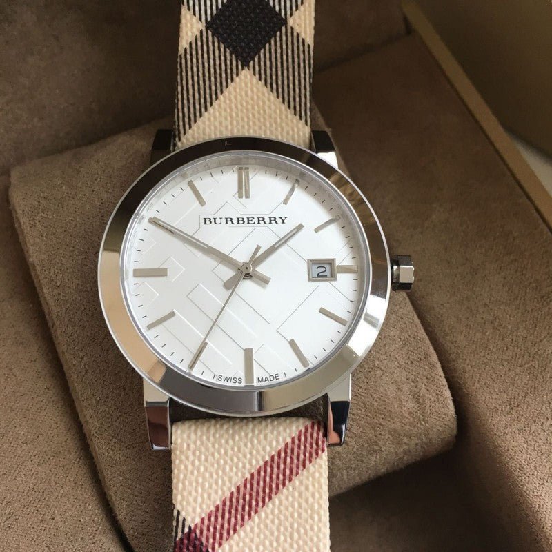 Burberry The City Nova Silver Dial White Leather Strap Watch for Women