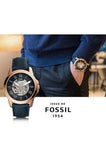 Fossil Grant Automatic Skeleton Navy Blue Dial Navy Blue Leather Strap Watch for Men - ME3102