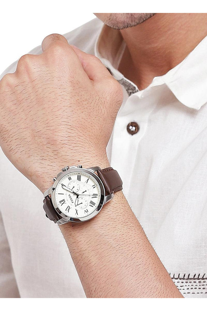 Fossil Grant Chronograph White Dial Brown Leather Strap Watch