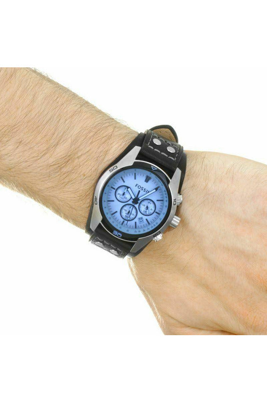 Fossil Coachman Chronograph Blue Dial Leather Strap Black Men for Watch