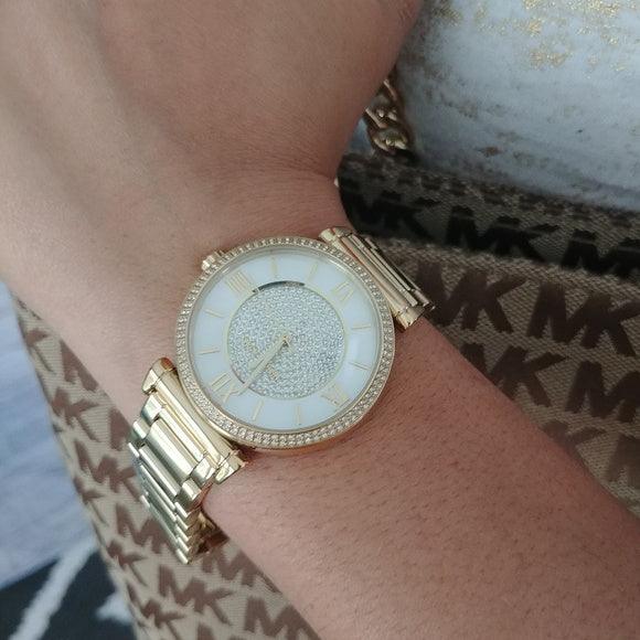 Michael Kors Catlin Mother of Pearl Dial Gold Steel Strap Watch for Wo