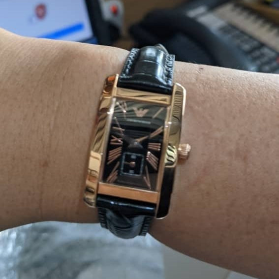 Emporio Armani Classic Black Dial Black Leather Strap Watch For Women