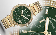 Michael Kors Parker Chronograph Green Dial Gold Steel Strap Watch for Women - MK6263