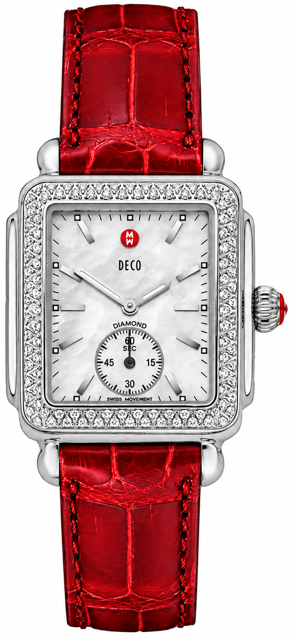 Michele Deco Mother of Pearl Dial Red Leather Strap Watch For Women - MWW06V000007