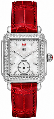 Michele Deco Mother of Pearl Dial Red Leather Strap Watch For Women - MWW06V000007