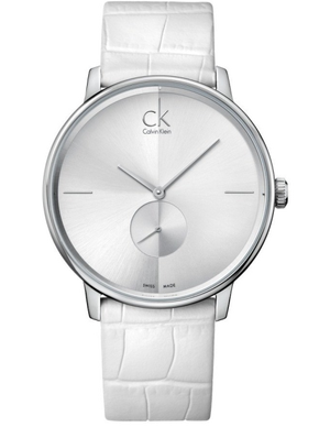 Calvin Klein Accent Silver Dial White Leather Strap Watch for Women - K2Y211K6