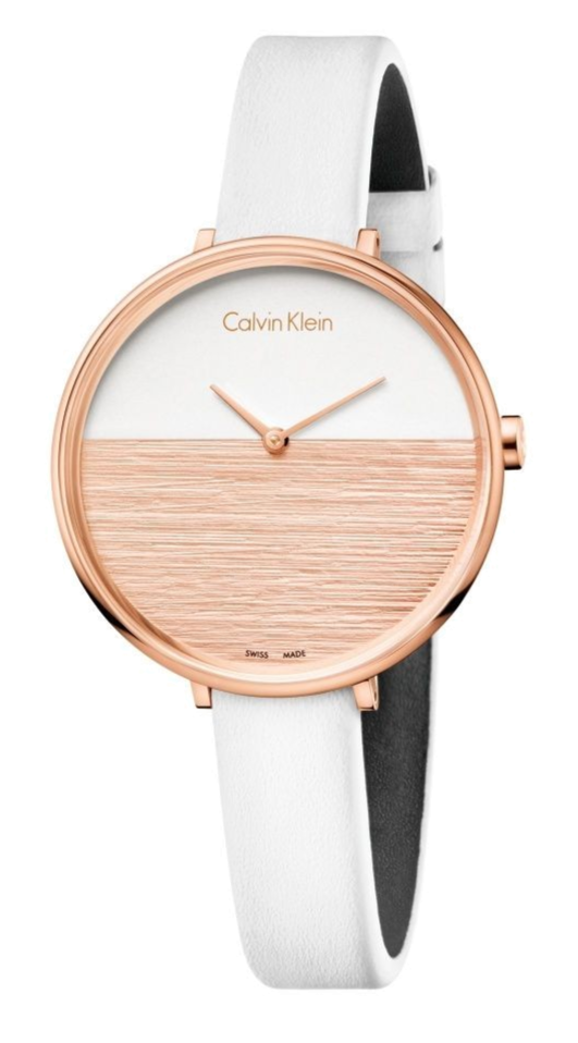 Calvin Klein Rise White Dial White Leather Strap Watch for Women