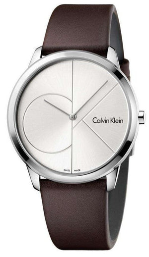 Calvin Klein Minimal Silver Dial Brown Leather Strap Watch for Men - K3M211G6