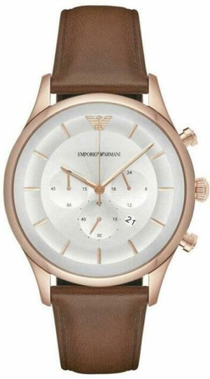 Emporio Armani Quartz Silver Dial Brown Leather Strap Watch For Men - AR11043