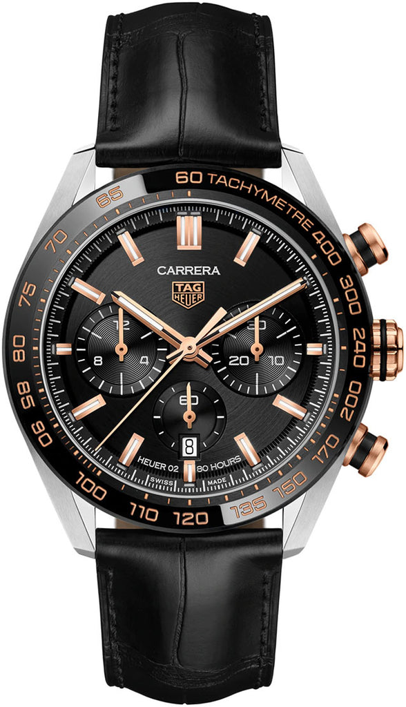 Tag Heuer Carrera Chronograph Black Dial Black Leather Strap Watch