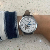 Fossil Townsman Automatic Chronograph White Dial Blue Leather Strap Watch for Men - ME3167