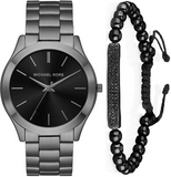 Michael Kors Slim Runway Quartz Black Dial Grey Steel Strap Watch For Men - MK1044