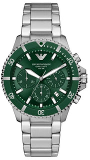 Emporio Armani World Explorer Solar Chronograph Green Dial Silver Steel Strap Watch for Men - AR11741