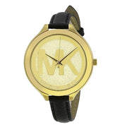 Michael Kors Slim Runway Quartz Gold Dial Black Leather Strap Watch For Women - MK2392