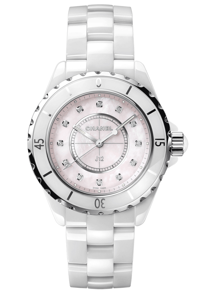 Chanel J12 Quartz Diamonds Pink Dial White Steel Strap Watch for