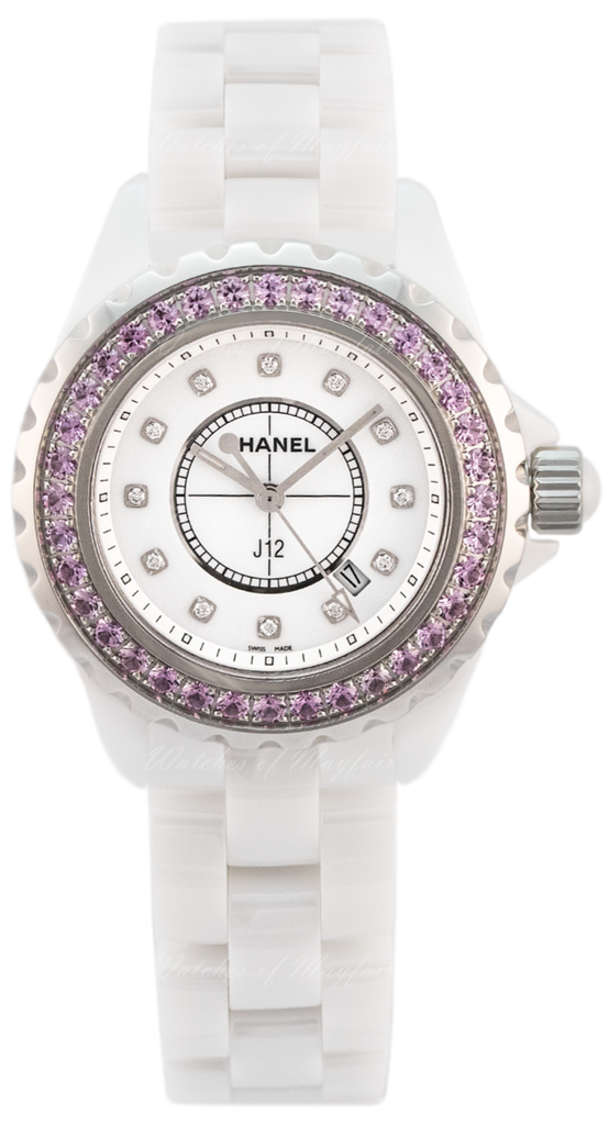 Chanel J12 Sapphire Bezel Ceramic White Dial White Steel Strap Watch for Women - J12 H2010