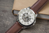 Fossil Grant Automatic Beige Skeleton Dial Brown Leather Strap Watch for Men - ME3099