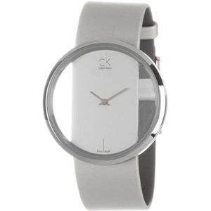 Calvin Klein Glam Transparent Silver Dial Grey Leather Strap Watch for Women - K9423193