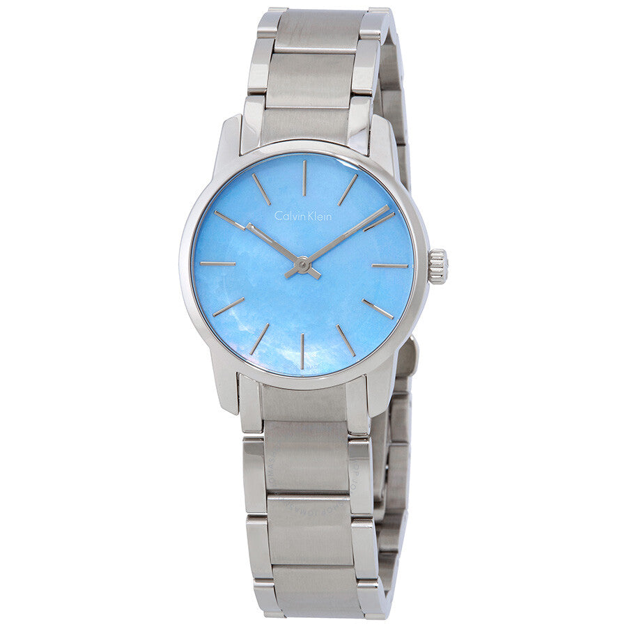 City Strap Klein Silver Watch Pearl Blue Dial Women Calvin Mother for of Steel
