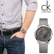 Calvin Klein Minimal Grey Dial Silver Mesh Bracelet Watch for Men - K3M21124