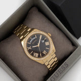 Guess Luna Diamonds Black Dial Gold Steel Strap Watch for Women - GW0307L2