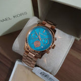 Michael Kors Runway Chronograph Turquoise Dial Rose Gold Steel Strap Watch For Women - MK6164