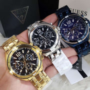 Guess Surge Chronograph Black Dial Gold Steel Strap Watch for Men - W1258G2