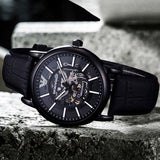 Emporio Armani Meccanico Automatic Skeleton Dial Black Leather Strap Watch For Men - AR60008