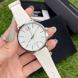 Calvin Klein Post Minimal Silver Dial White Leather Strap Watch for Men - K7621126