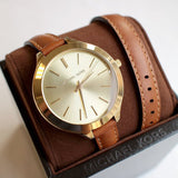 Michael Kors Runway Gold Dial Brown Leather Strap Watch For Women - MK2256