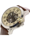 Fossil Grant Automatic Beige Skeleton Dial Brown Leather Strap Watch for Men - ME3099