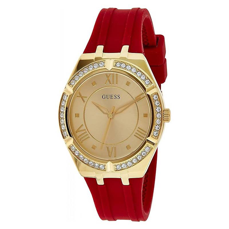 Guess Cosmo Diamonds Gold Dial Red Rubber Strap Watch for Women