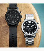 Fossil Nate Chronograph Black Dial Black Leather Strap Watch for Men - JR1354