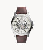 Fossil Grant Automatic Beige Skeleton Dial Brown Leather Strap Watch for Men - ME3099