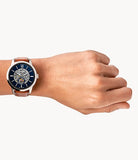 Fossil Townsman Automatic Skeleton Blue Dial Brown Leather Strap Watch for Men - ME3154