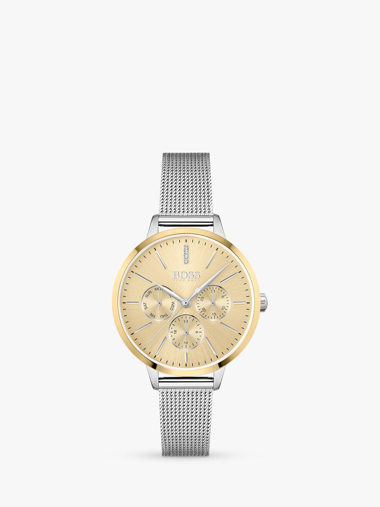 Hugo Boss Symphony Gold Dial Silver Mesh Bracelet Watch for Women