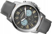 Fossil Grant Chronograph Gunmetal Grey Dial Grey Leather Strap Watch for Men - FS5183