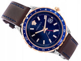 Versace Hellenyium GMT Blue Dial Brown Leather Strap Watch for Men - V11080017