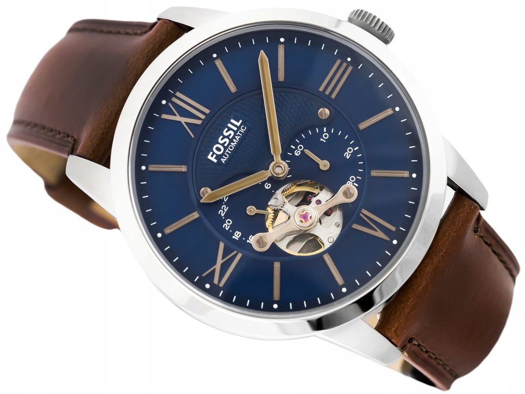Fossil Dial Watch Men Automatic for Blue Brown Townsman Strap Leather